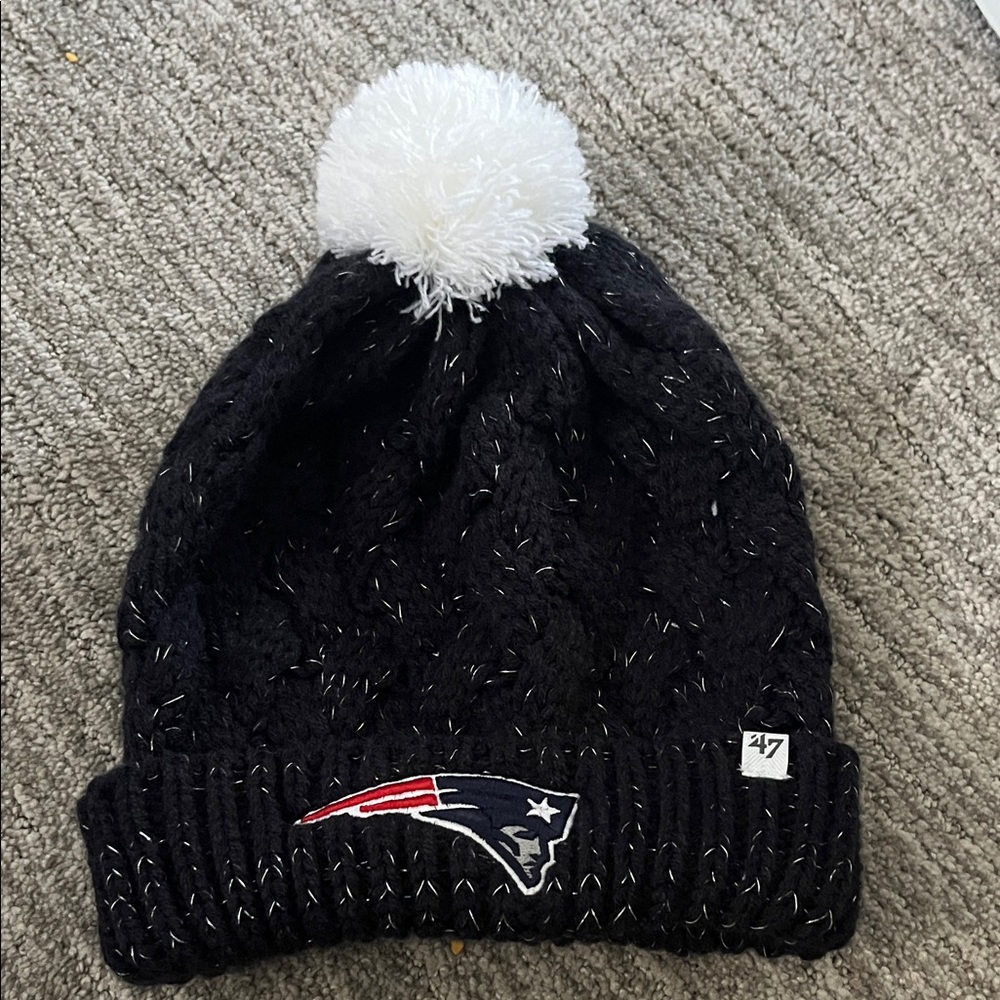 47 Brand Patriots Navy Blue  Knit Beanie with White Pom silver sparkle